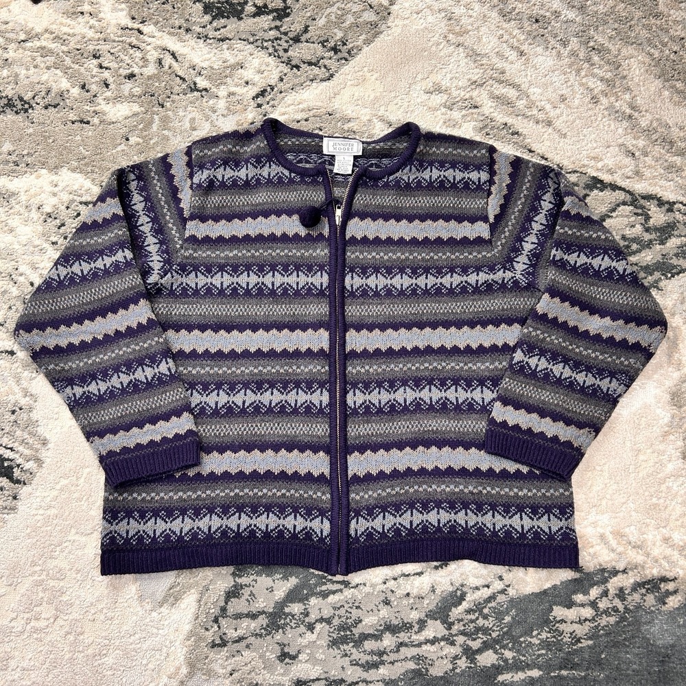 Jennifer Moore Fair Isle Zip Up Cardigan Sweater Womens Large Multicolor Rib Hem